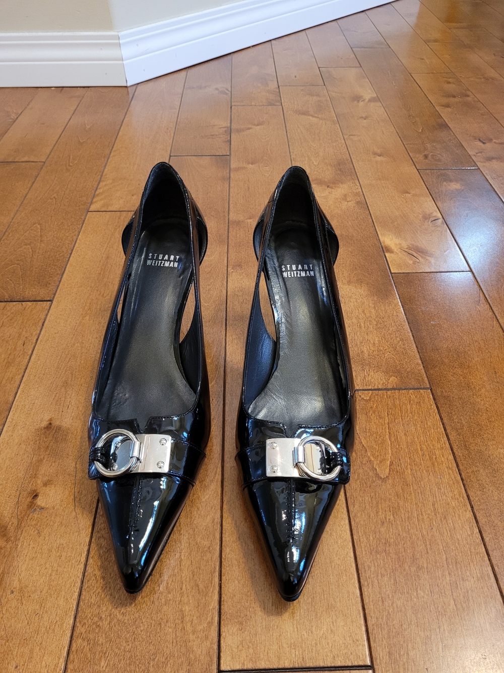 New Stuart Weitzman Black Patent Women's Pointed Toe Flats with Silver Buckle